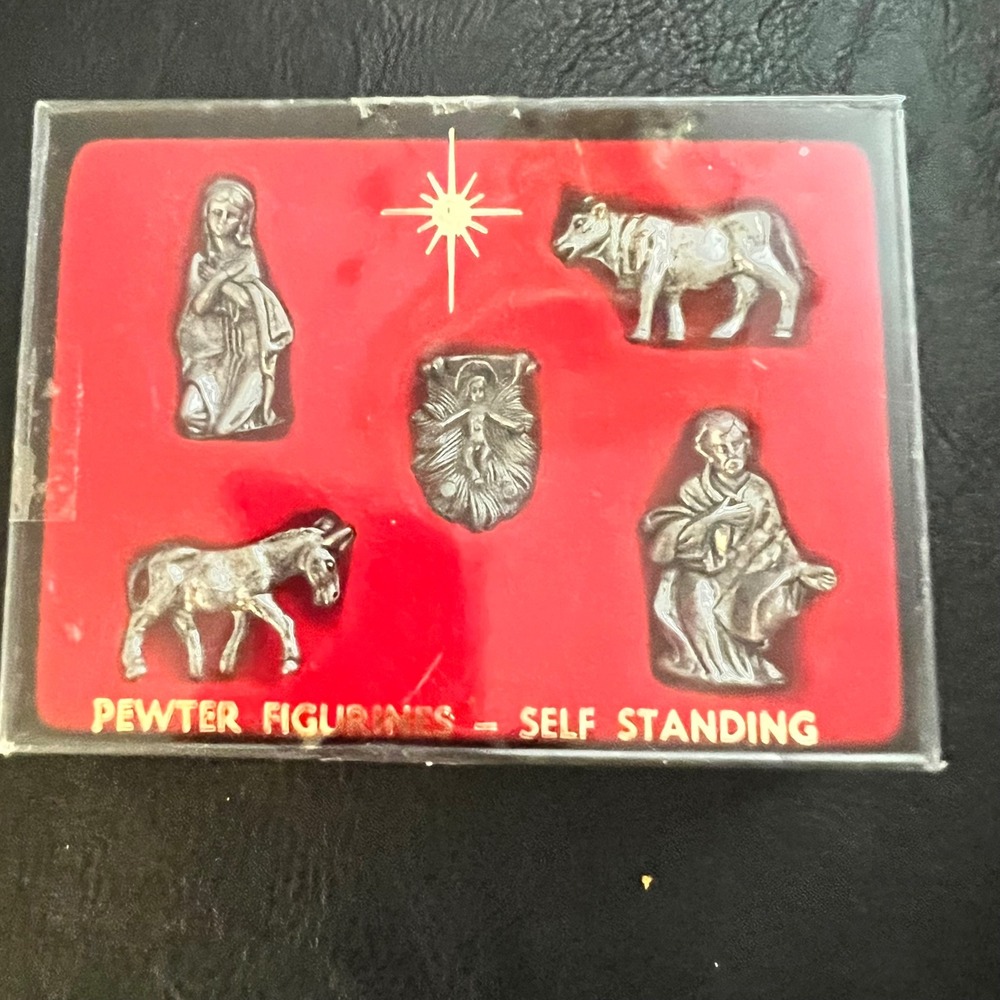Vtg Miniature Pewter Nativity Set 5pc  Standing Figurines Christmas Cottagecore
